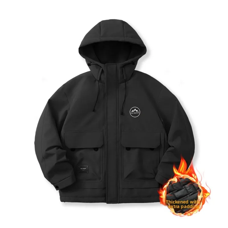 

Heavyweight Cotton Jaet Men's Workwear Loose Fit Warmth Winter Coat Polyester Fiber Long Sve Zipper Closure Hooded