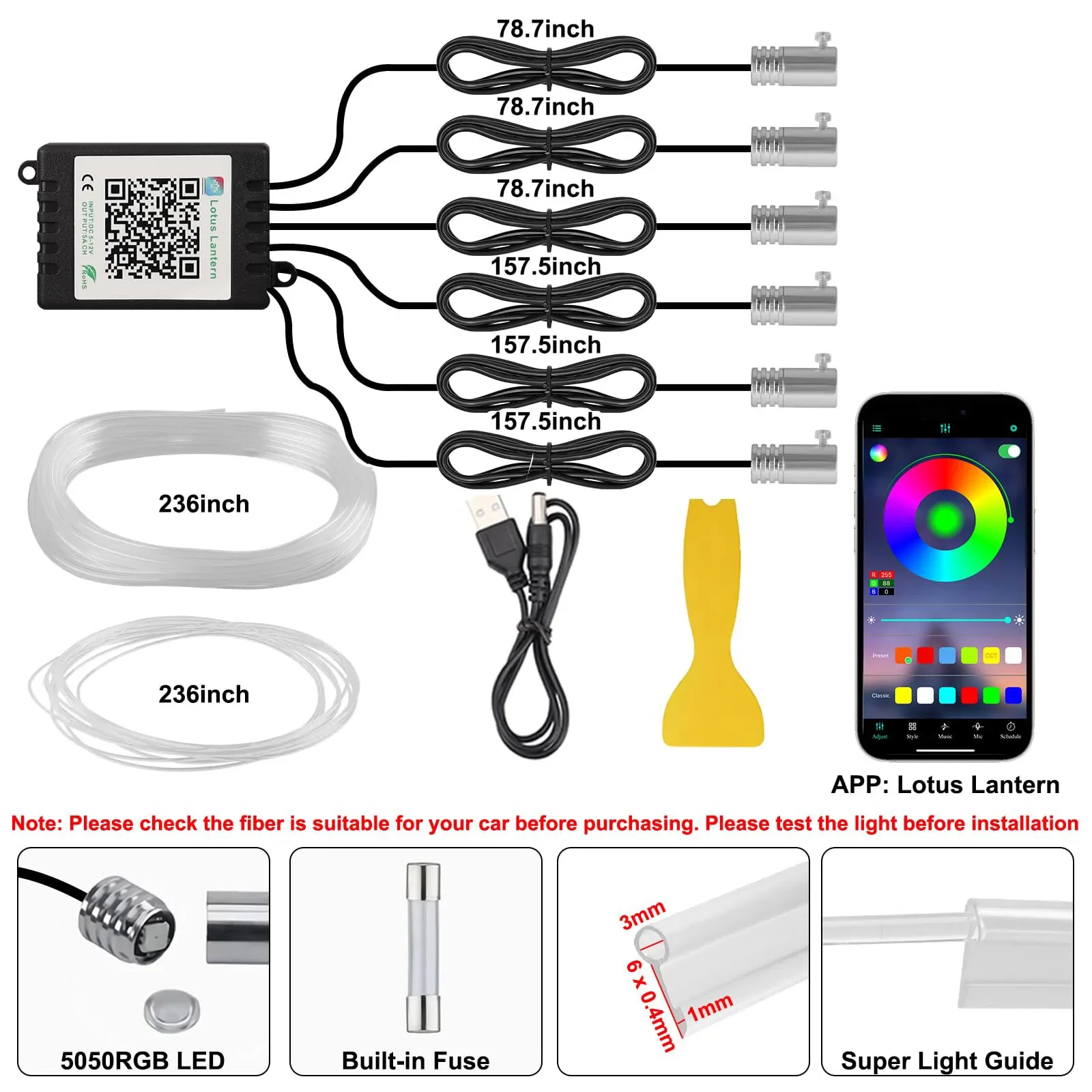 

Universal 6 in 1 RGB Car Interior Lighting Kit with Fiber Optic Strip APP Controlled Remote Music Sync Mood Lamp for Dashboard