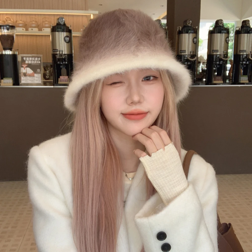 New Fashion Rabbit Bucket Hat Gradual Change of Color Rabbit Hair Fisherman Cap Soft Warm Turban Cap Outdoor