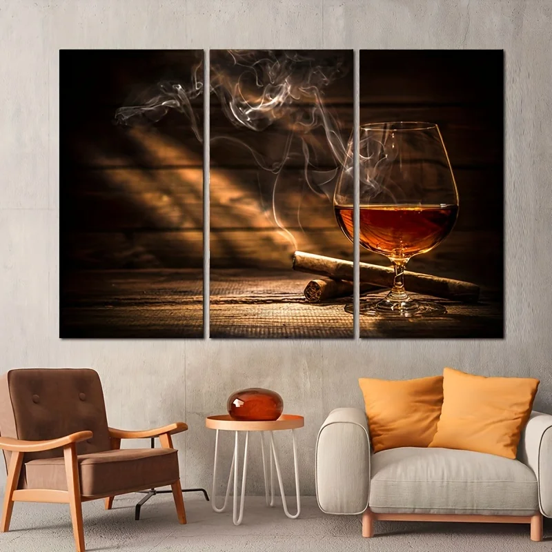 3-Piece Set, Vintage Whiskey and Cigar Brandy Glass Canvas Art, 3D Poster Prints, Unframed Wall Decor for Living Room, Kitche