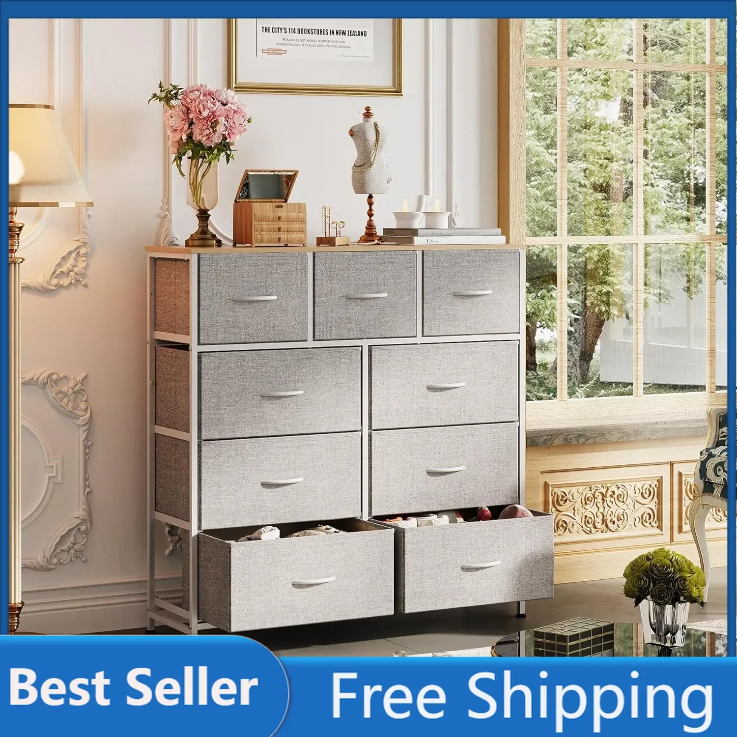 WLIVE 9-Drawer Dresser, Fabric Storage Tower for Bedroom Hallway, Closet, Tall Chest Organizer Unit for Bedroom with Fabric Bins