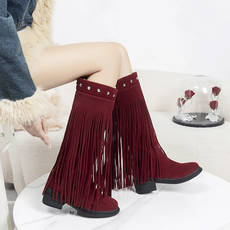 Women Western Cowboy Fringe Mid‑calf Boots Faux Suede Stud Decor Chunky Block Heel Boho Tassel Boots Winter Ladies Shoes