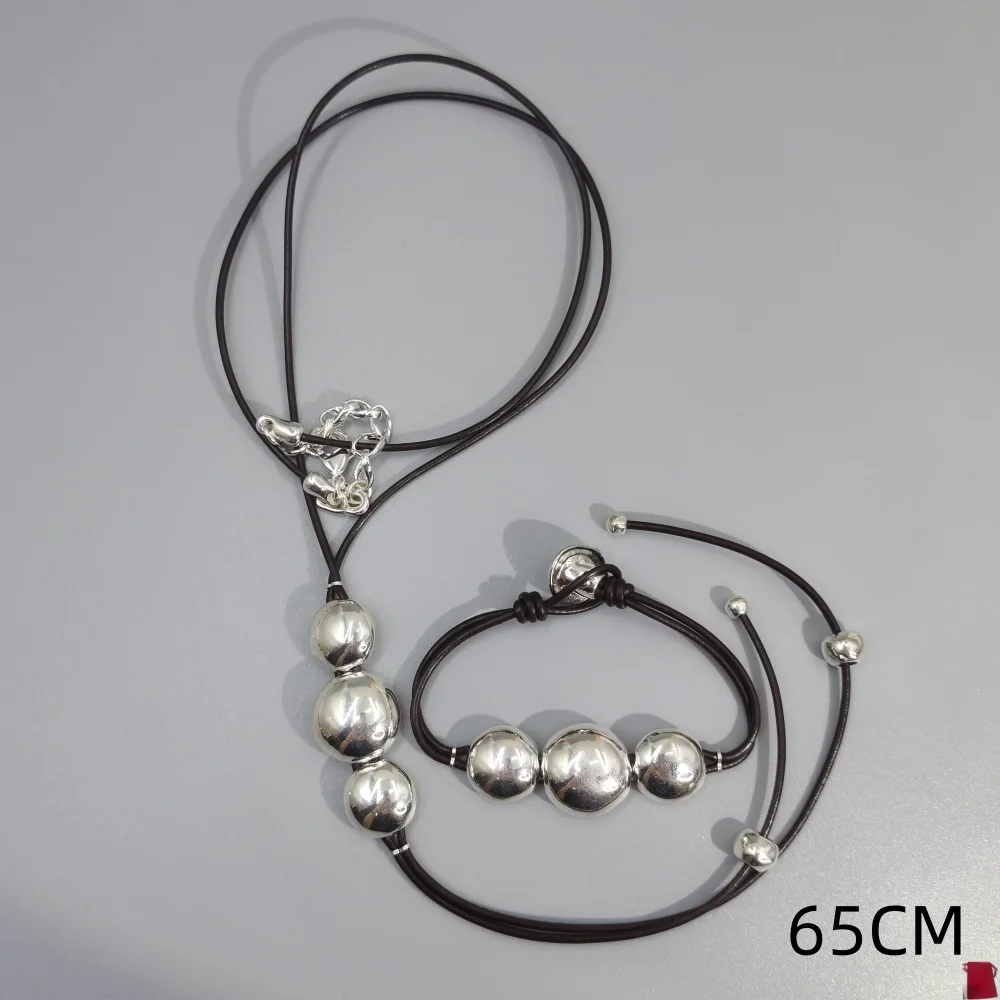 2026 Spain Popular Personalized Gold and Silver Round Bead Leather Rope Bracelet, Necklace, Jewelry Set, Creative Gift