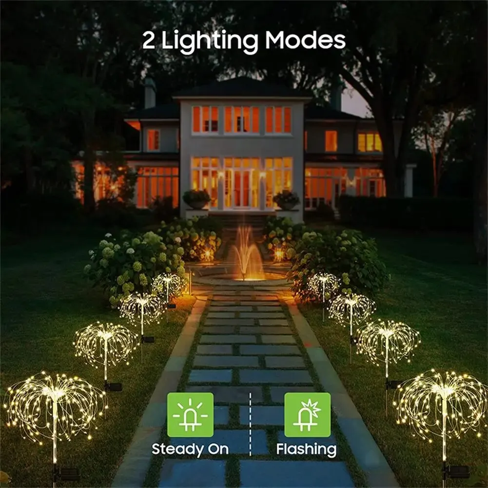120 LED 2 Modes Solar Firework Lights Outdoor Garden Waterproof Fireworks Lamps For Walkway Pathway Backyard Lawn Landscape