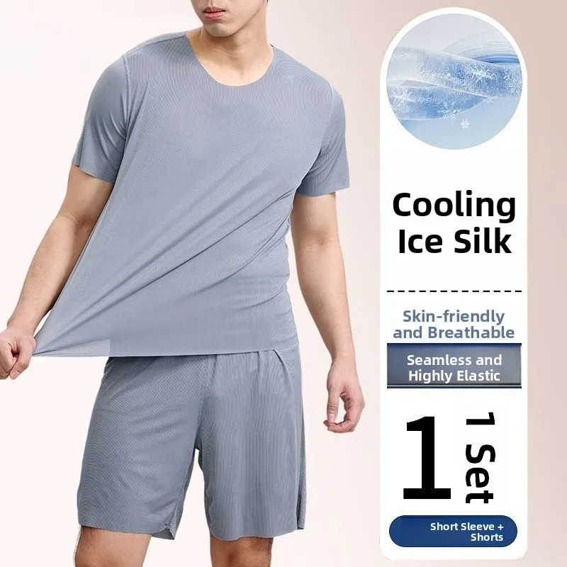 Ultra-Thin Ice Silk Cool Feeling Summer New Casual Home Clothes Sleepwear Men's T-Shirt Short Sleeve Shorts Set Seamless