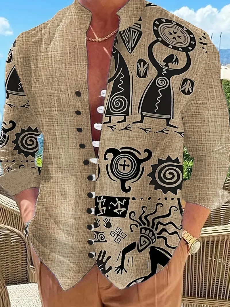 New Vintage Ethnic Style Fashion Art Print Men Long Sleeve Linen Shirt Hawaiian Style Shirt Top