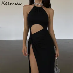 WhereMery Sexy Prom Party Black Long Dress Elegant Waist Hollow Out High Split Knit Dresses Fashion Backless Lace Up Women Robe