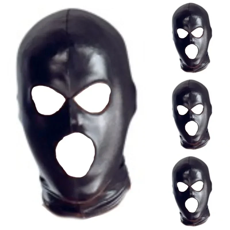ผู้ชาย 3 หลุมฮาโลวีน Carnival Wetlook Hood ฝาครอบคอสเพลย์ Face Mask หมวกหนังเทียม