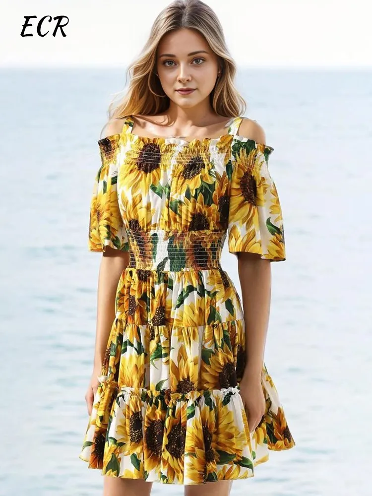 

ECR Casual Floral Printing Dresses For Women Square Collar Short Sleeve High Waist Hit Color Summer Camisole Dress Female Style