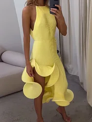 Round Neck Solid Patchwork Irregular Dress, Women Summer Off The Shoulder Fashion Party Dress, Sleeveless Elegant Ladies Dresses