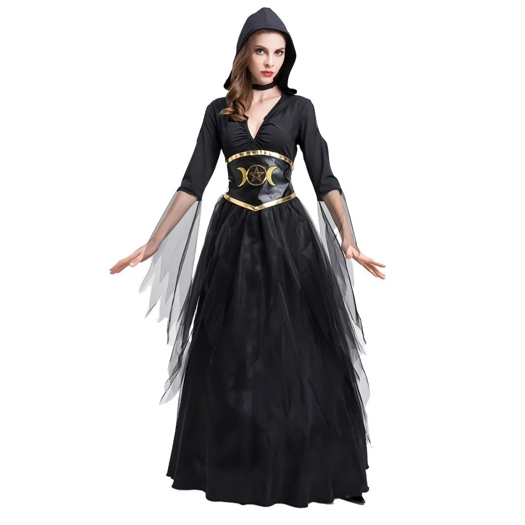 Sexy Moon Witch Long Dr loween Role Play Star Moon Godd Bla Elegance Magician COS Costume Women's Traditional Wear
