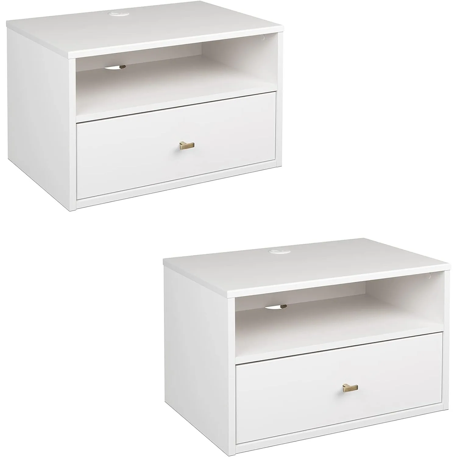 Set of 2 Floating Shelf Side Tables with Drawers and Brushed Brass Knobs, Modern Hanging Nightstands