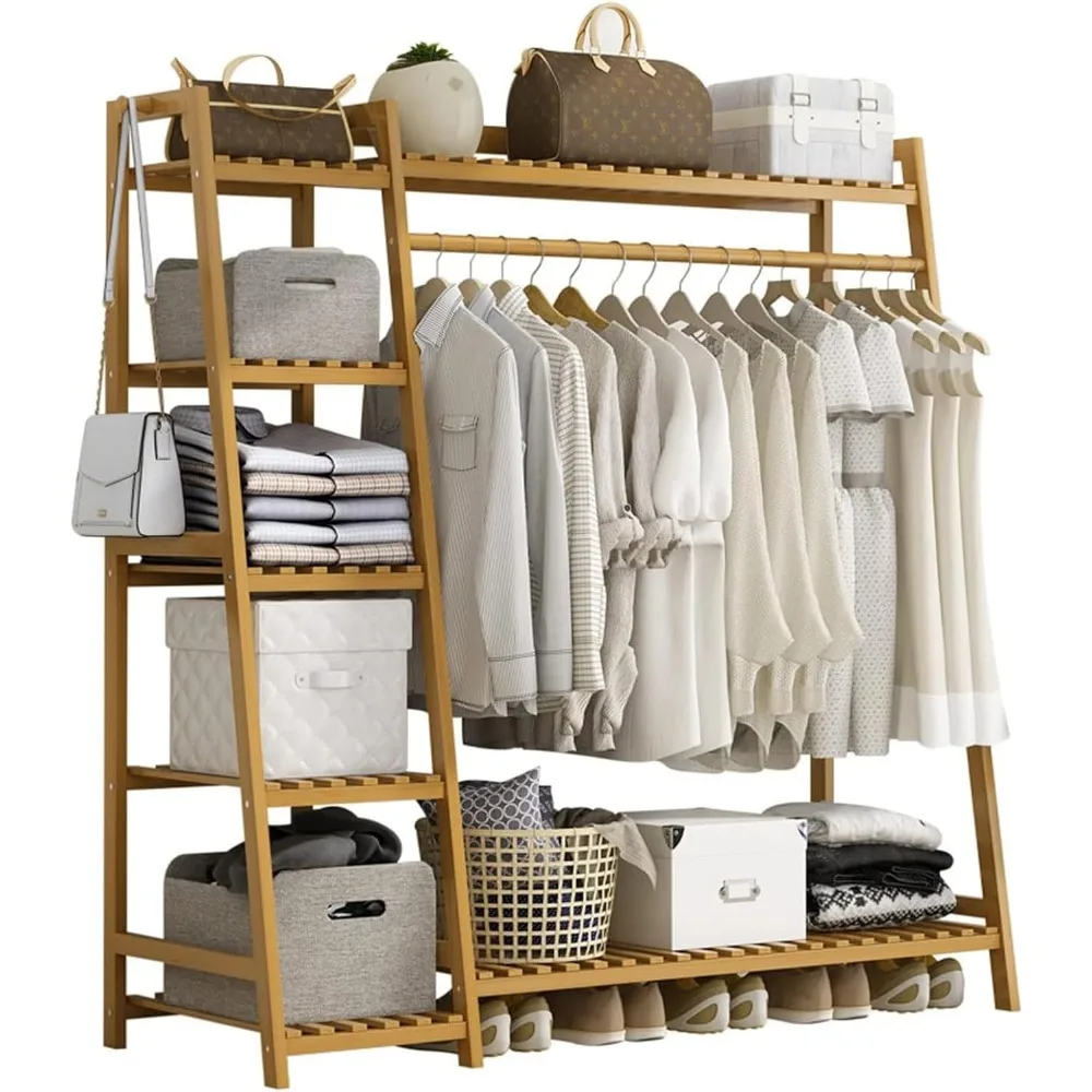 

Bamboo Clothing Garment Rack 7 Tier Storage Shelf Coat Clothes Hanging Rack, Portable Wardrobe Closet Organizer With Top Shelf,