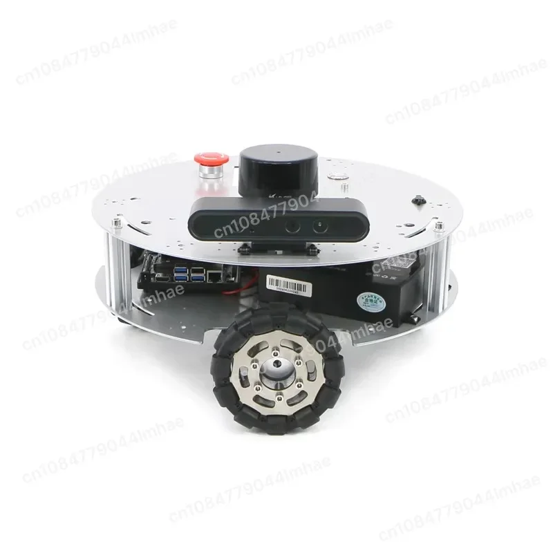 Omni-wheel robot with ROS chassis, LiDAR, Raspberry Pi, and omnidirectional mobile robot.