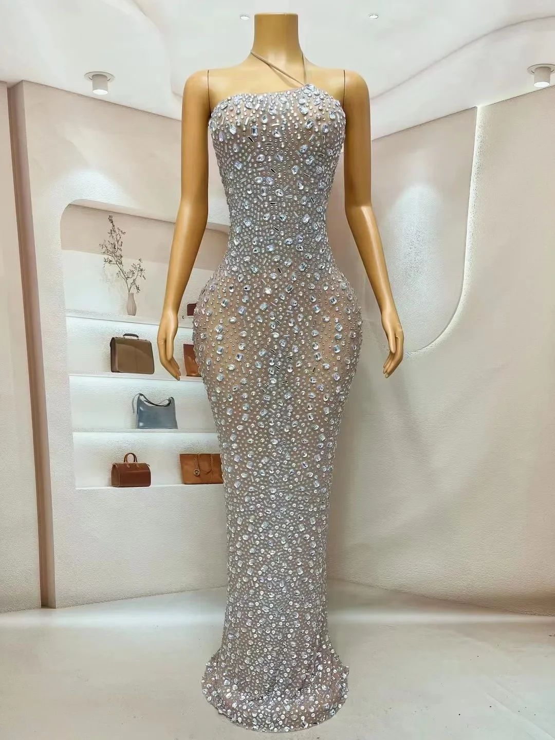 Frauen Geburtstag Party Durchführen Foto-shooting Kostüm Sexy Bühne Luxus Abend Blingnling Silber Strass Bandage Rückenfreies Kleid