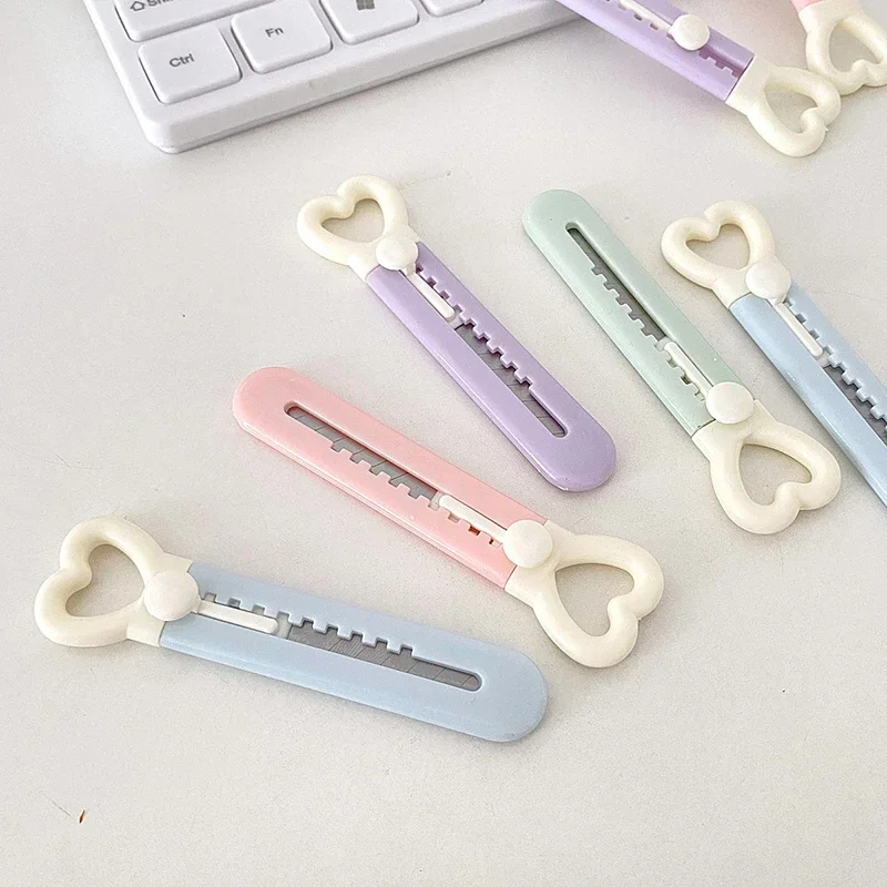 Kawaii Love Heart Utility Knife Paper Cutter Pocket Knife Safety Box Cutter Envelope Opener Refillable Blade Korean Stationery