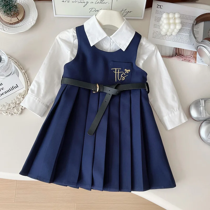 

2025 Spring New Girls School Uniform Outfit 2-Piece Sets Sleeveless Vest Dress + Long Sleeve White Shirt Kids Sundress Clothes