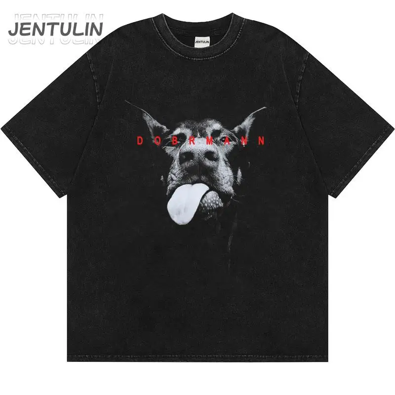 Punk Oversize Washed Tshirt Y2K Hip Hop Dobermann Dog Animal Graphic Print Streetwear Men's Grunge Tops Harajuku Fashion Clothes