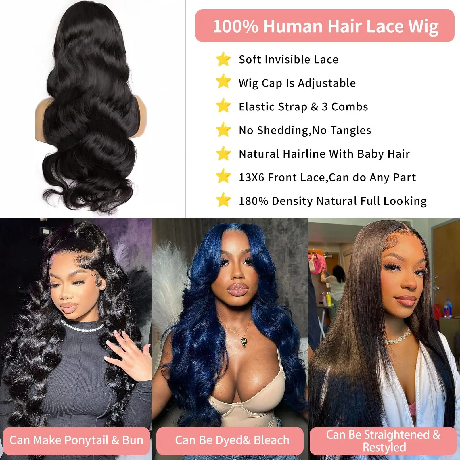 Perruque Lace Front Wig Body Wave Brésilienne Naturelle Sans Colle, Cheveux Humains, Transparent, Ultraviolets, 13x6, Densité 210, 40 Pouces, pour Femme