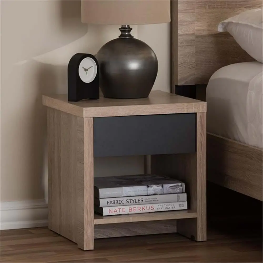 Drawer Wood Nightstand in Light Brown and Gray