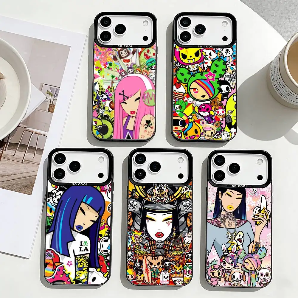 

T-Tokidoki Art Bright Cartoon Phone Case For iPhone17,16,15,14,13,12,Pro Max Black Colored Silver Plated Inside Cover