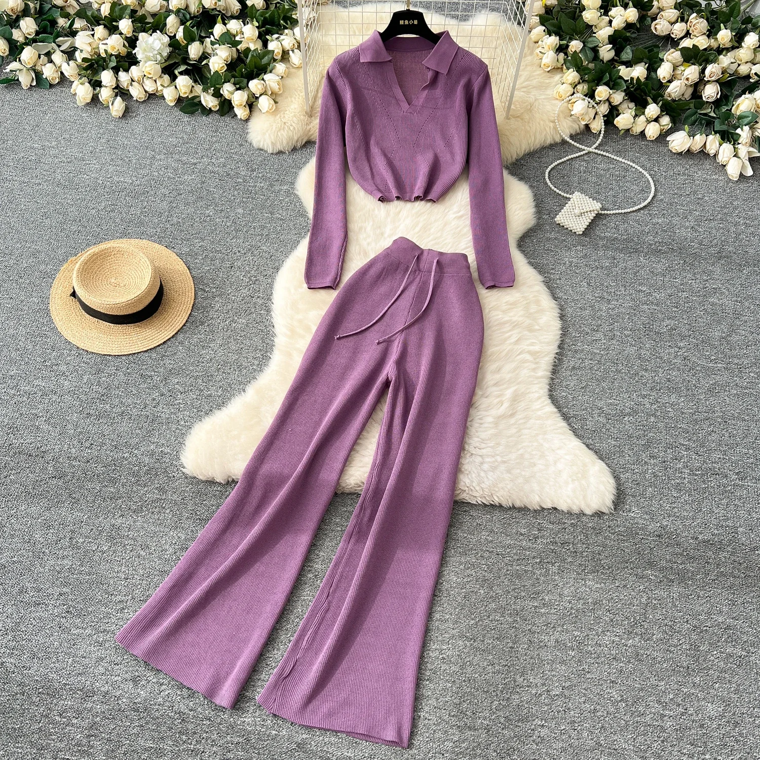 Elegant Long Sleeves Vintage Turn-down Collar Knit Top Chic High Waist Wide Leg Pants High Street Autumn Winter Two-piece Sets