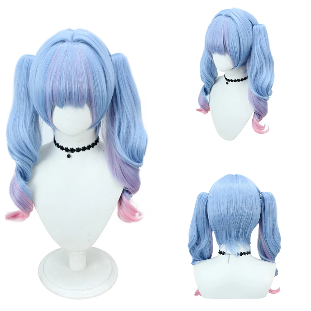 High-Quality Miku Blue-Blue Gradient Cosplay Synthetic Hair Spiral Double Ponytail 28-Inch Halloween Carnival Party Anime Wig
