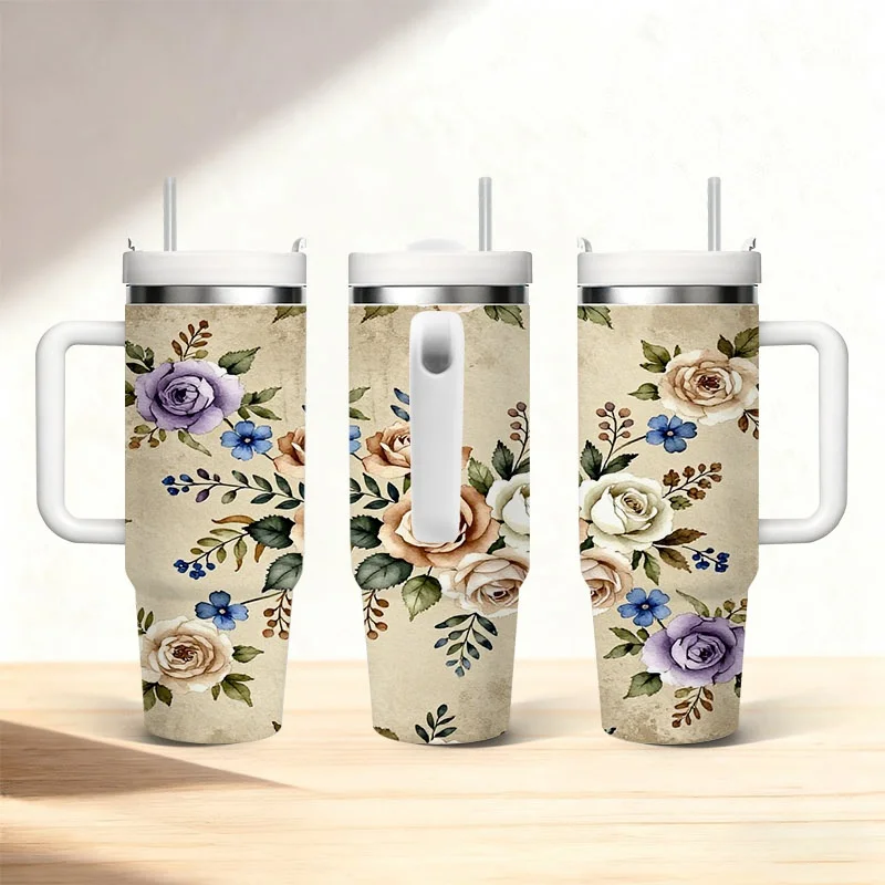 40 Oz Stainless Steel Double Wall Insulated Tumbler with Handle And Straw, Vintage Watercolor Floral Digital Print Travel Mug, Keeps Drinks Hot 18H Cold 36H, Ideal for Daily Use And Holiday Birthday Gifting