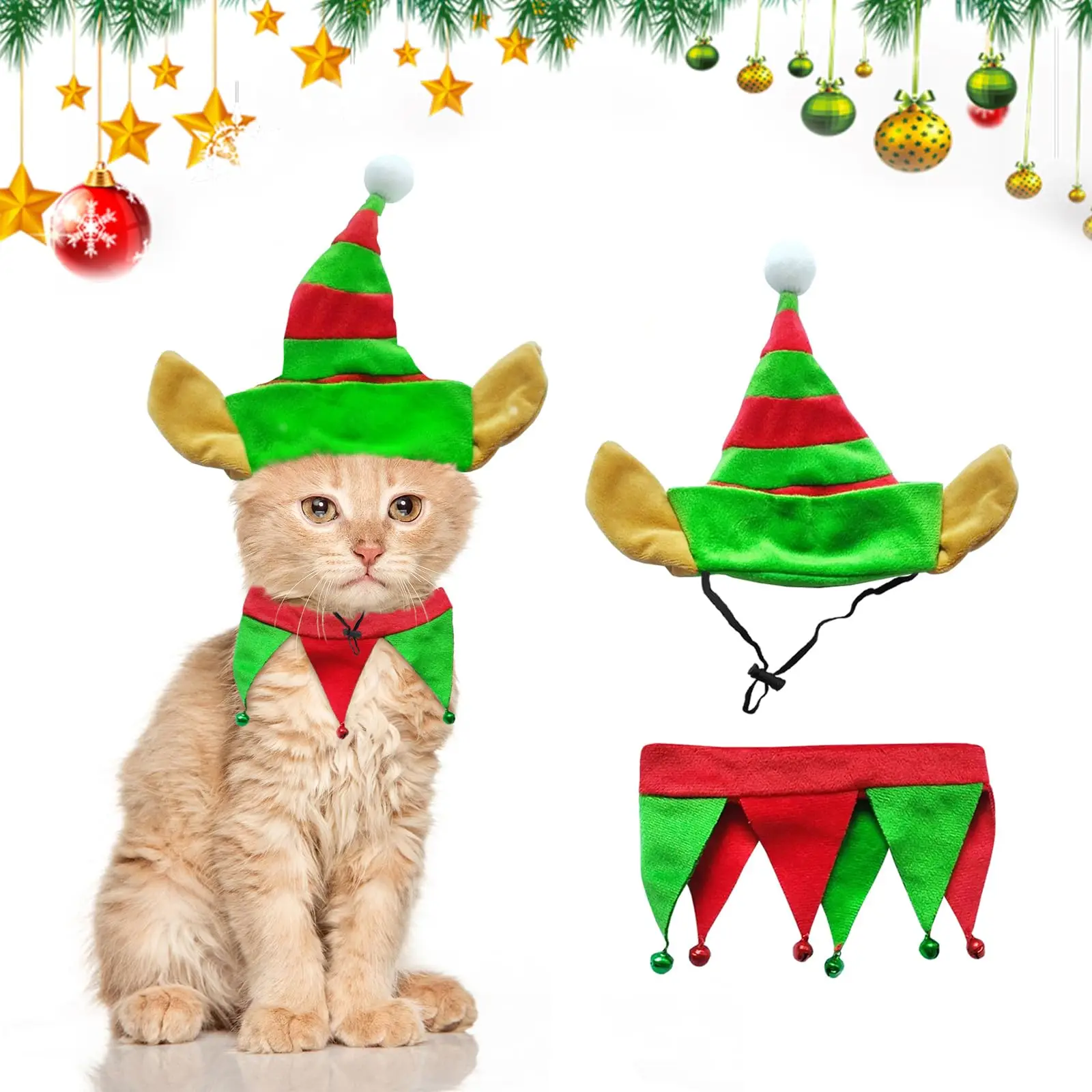 

Pets Christmas Dress Up Dogs Cats Adjustable Strap Elf Hat Clothes with Bell Neckerchief Scarf for New Year’s Eve Decorations