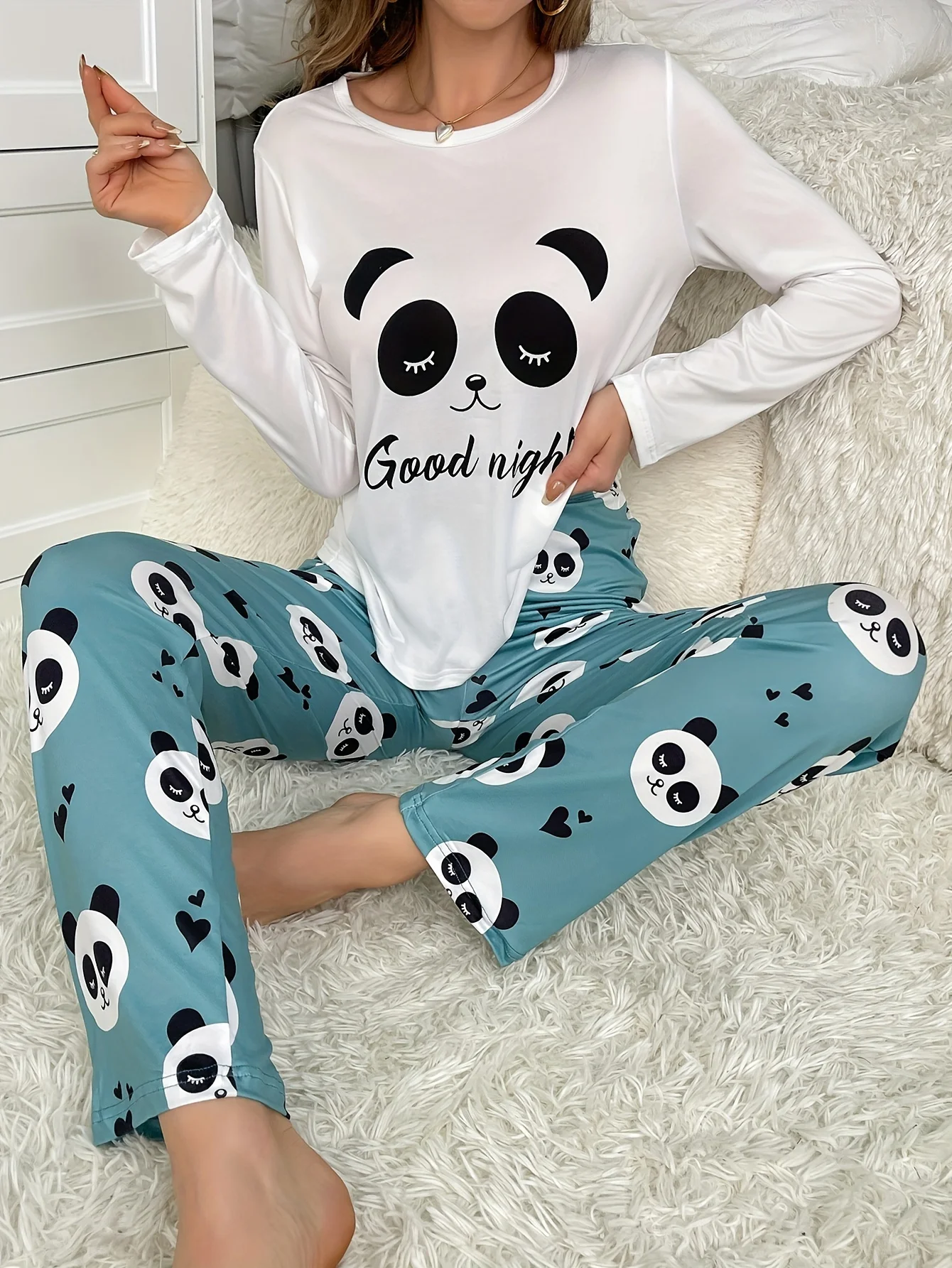 New style cute home dress panda pattern trousers long sleeve two piece pajamas