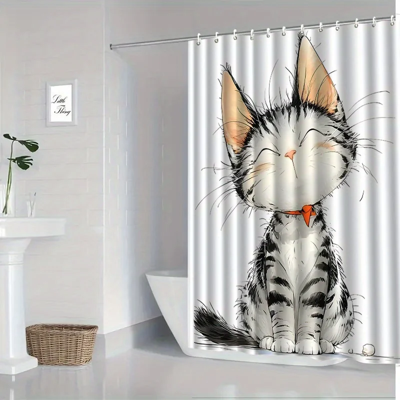 

Cute Cartoon Kitten Shower Curtain Machine Washable All Season Waterproof Privacy Protection 2D Print Animal Design Adorable