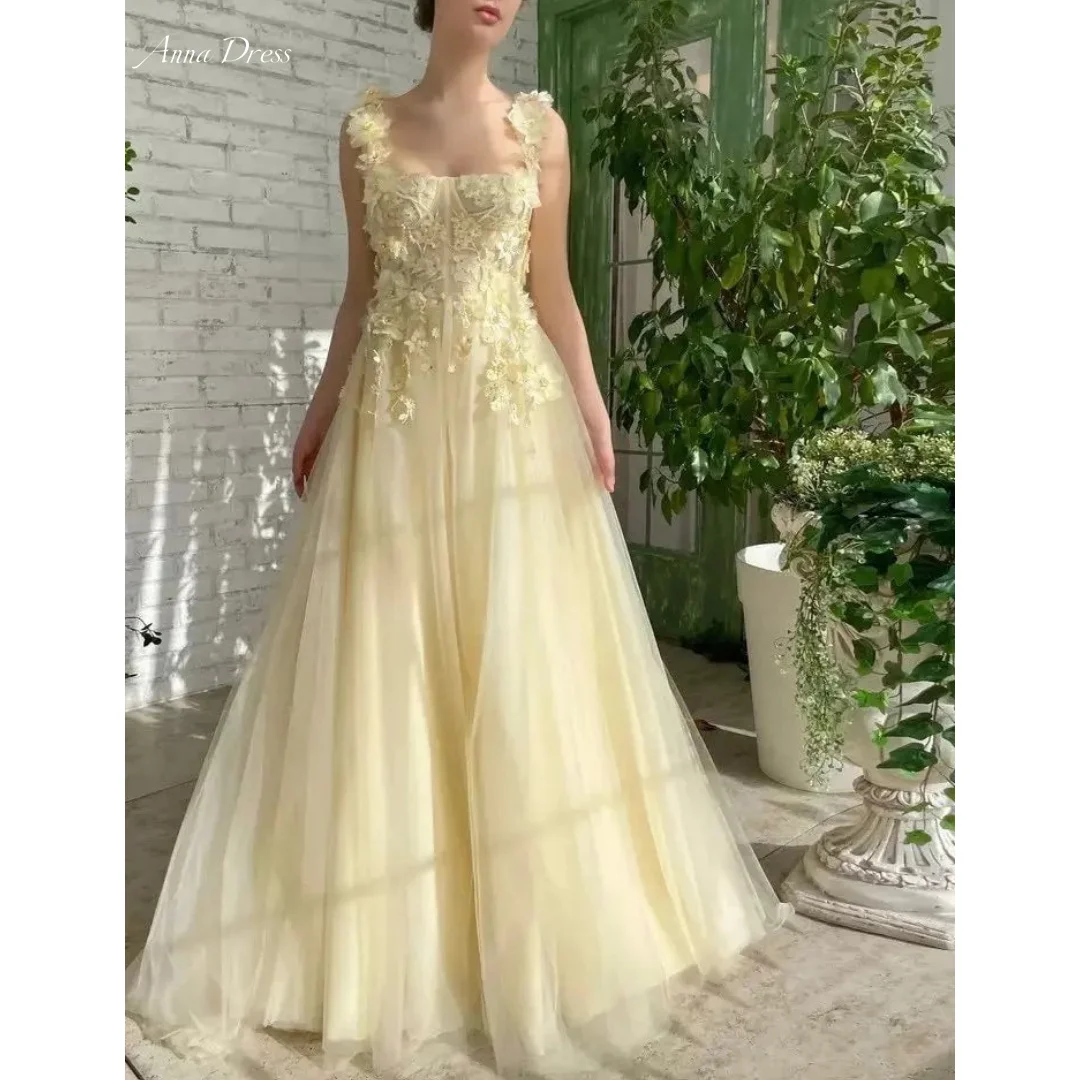 Anna Wedding Dress Evening Dresses for Special Occasions Yellow Flowers Lace Appliqué Gauze Custom Made Line A Spaghetti Straps