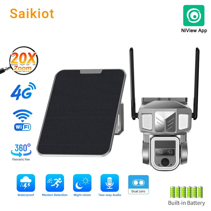 Saikiot 4G WIFI 20X Optical Zoom Solar PTZ Camera Outdoor 4MP 2K Dual lens Auto Tracking Color Night Vision Solar CCTV Camera