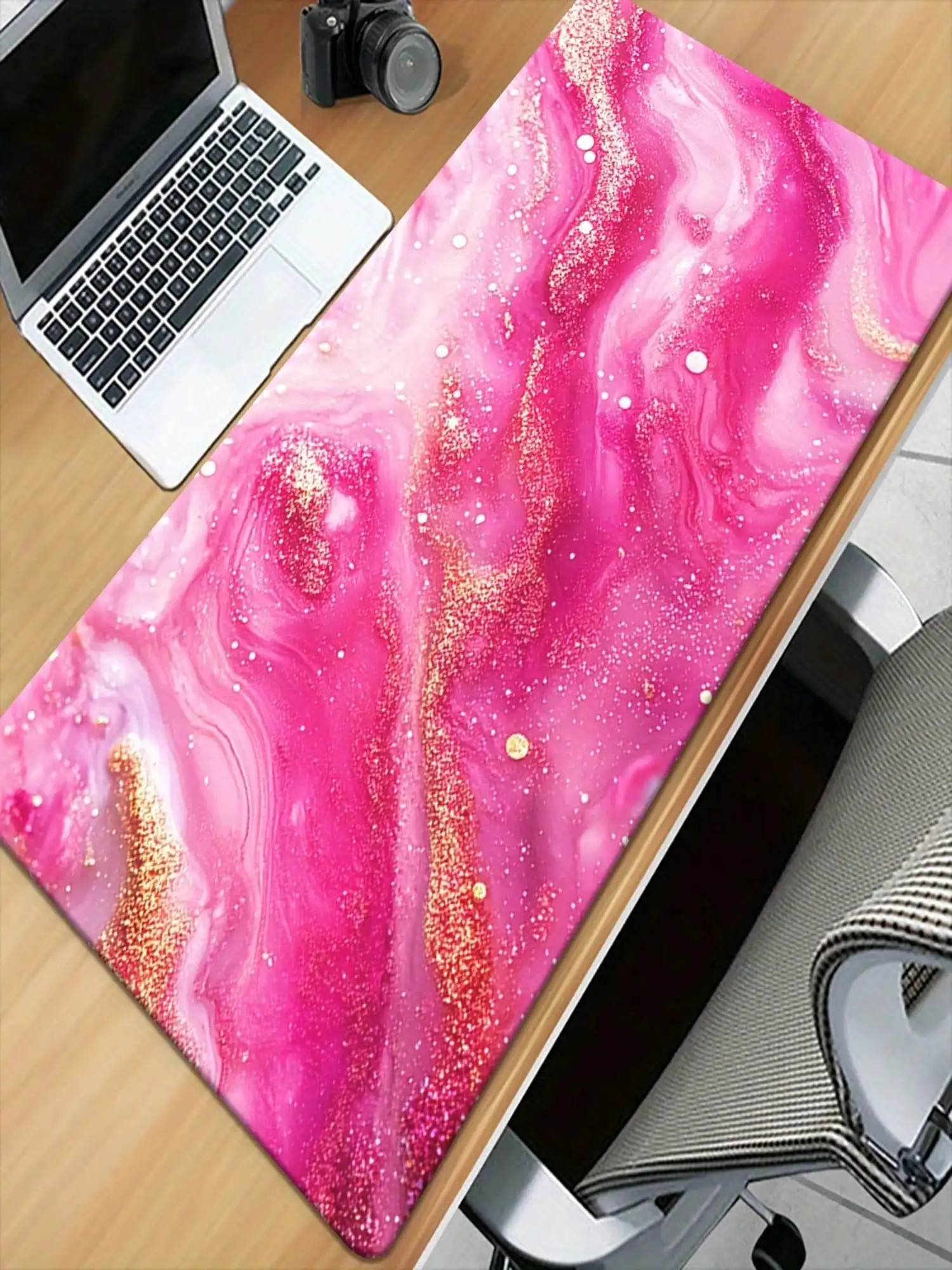 One Pink Marble Glitter Mouse Pad And Desk Mat - Non-Slip High-Quality Gaming/Office Surface With Gold Marble Texture, Soft Rubber Base And Smooth Fabric Top, Suitable For PCs, Laptops, Computers, Pink And Gold Swirl Pattern (Pink Gold Marble Design)