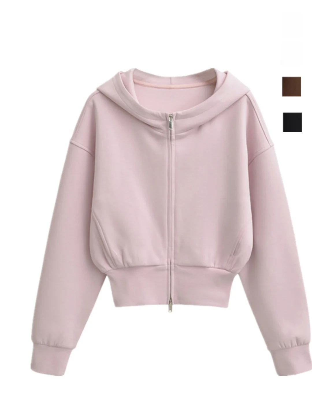 

American Street Style Ultra-Short Hoodie Women's Dance Sexy Double Zipper Slim Air Layer Jacket Hat Sweatshirt Loose Fit Long...