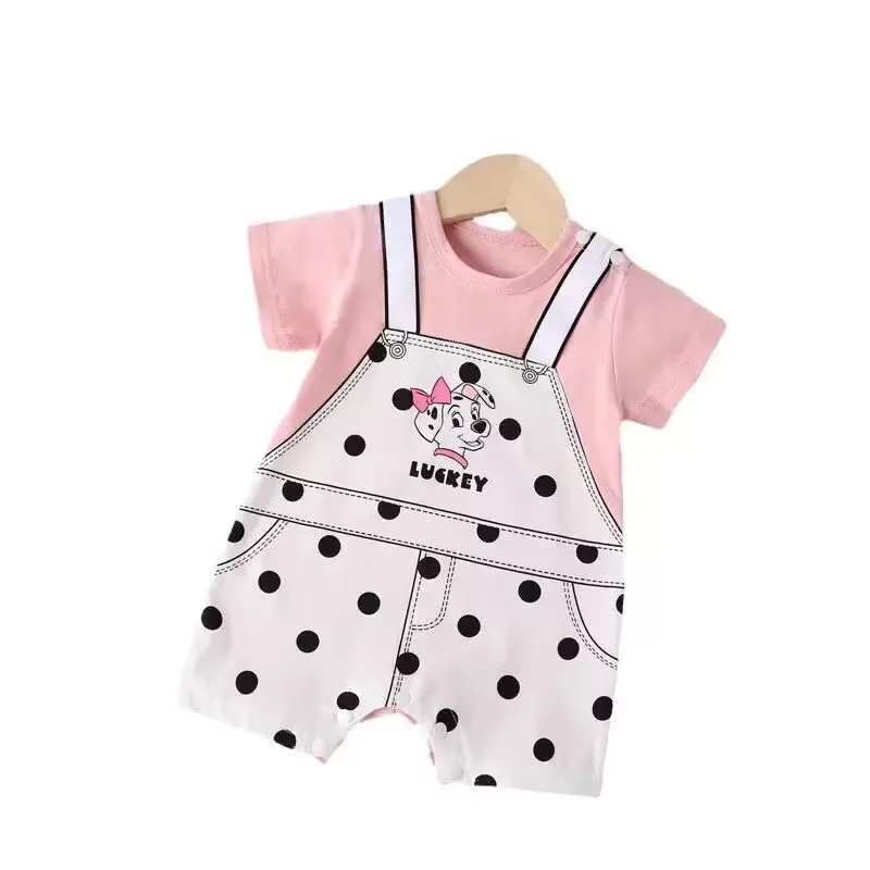 

100% Cotton Baby Girl Faux Two-Piece Onesie Bodysuit Cute Cartoon Print Summer Short Sleeve Romper Adorable Outfits 0-24M