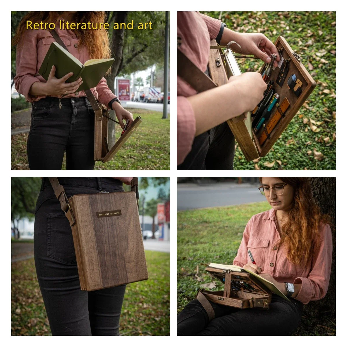 Portable Writers Messenger Wood Box Multi-Function Artist Tool and Brush Storage Box Retro Wooden Handmade Crossbody Postman Bag