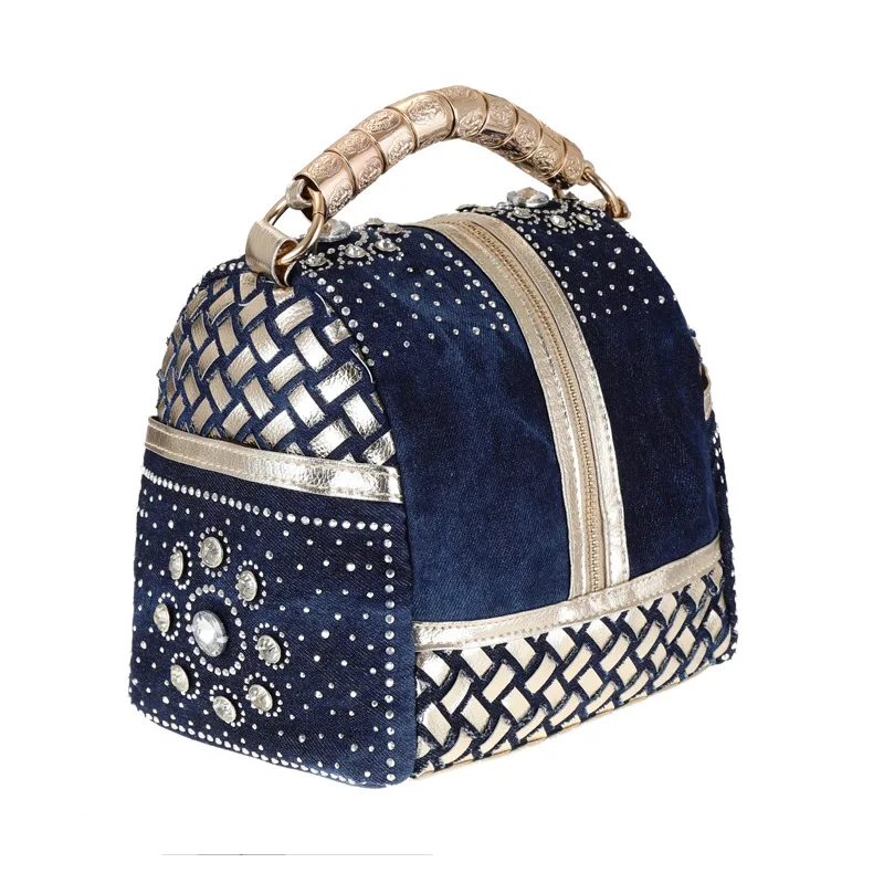 Hot Diamond Inlaid Designer Flower Denim Knitting  Shoulder Messenger Bag Luxury Tassel Handbags Women's Bag Jean Beach Bag Tote