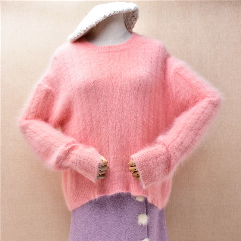 

Women Mujer Autumn Winter Sweet Pink Striped Hairy Angora Rabbit Hair Knitted O-Neck Long Sleeves Loose Pullover Sweater Jumper