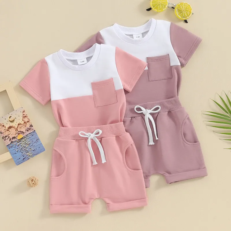 

Girls Contrast Color Set, Round Neck Short Sleeve Tops + Elastic Waist Folded Hem Shorts Infant Toddler 2 Piece Outfits