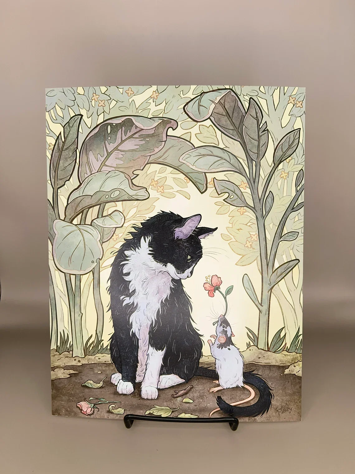 Tuxedo Cat and Rat Art Print: Whimsical Art Nouveau Wall Decor