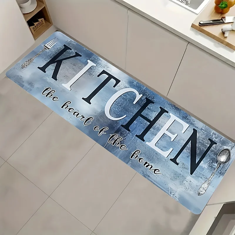 Blue Textured Kitchen Runner Rug  KITCHEN The Heart of The Home Fork Spoon Print Non Slip Long Floor Mat
