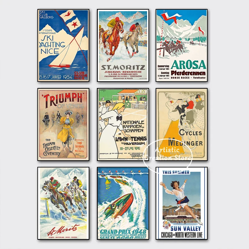 90s Vintage Sport Poster Horse Racing St Moritz Switzerland Art Ski Yachting Canvas Painting Wall Art Nordic Bedroom Home Decor