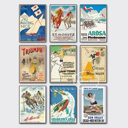 90s Vintage Sport Poster Horse Racing St Moritz Switzerland Art Ski Yachting Canvas Painting Wall Art Nordic Bedroom Home Decor