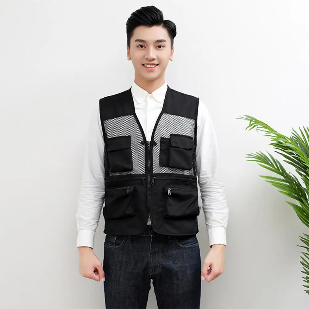 Men Mesh Vest Men's Multi-pocket Sleeveless Cargo Vest for Work Photography Breathable Mesh Hip Hop Jacket with Zipper Placket