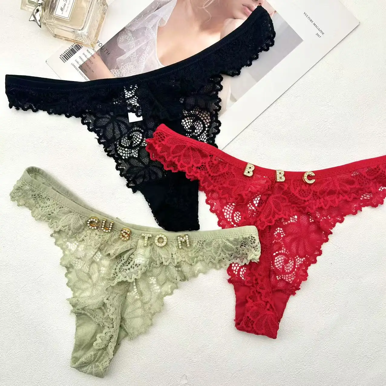 

Sexy Custom Thong Name Lace String Customized Women Name Thong Crystal Letters Underwear Personalized Gift for couple