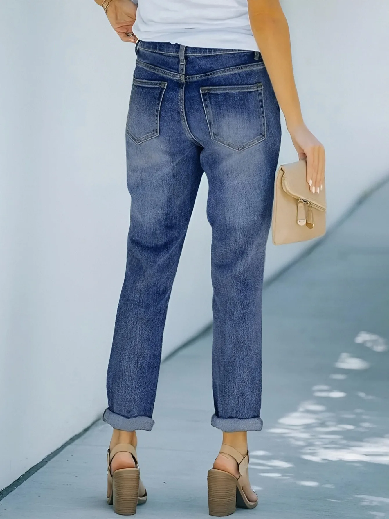 European and American Dark Blue Elastic Denim Straight-leg Pants Pipe Pants