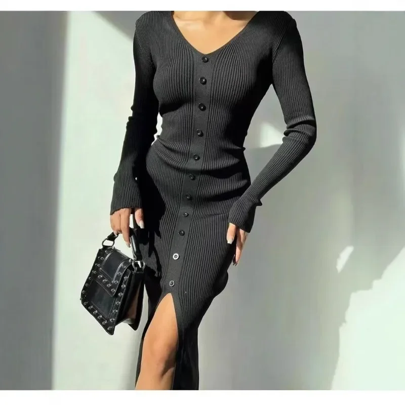 

Women Spring Winter Knitted Slim Bodycon Buttons Single Breasted Casual Long Sleeve V Neck High Side Slit Sweater Solid Dress