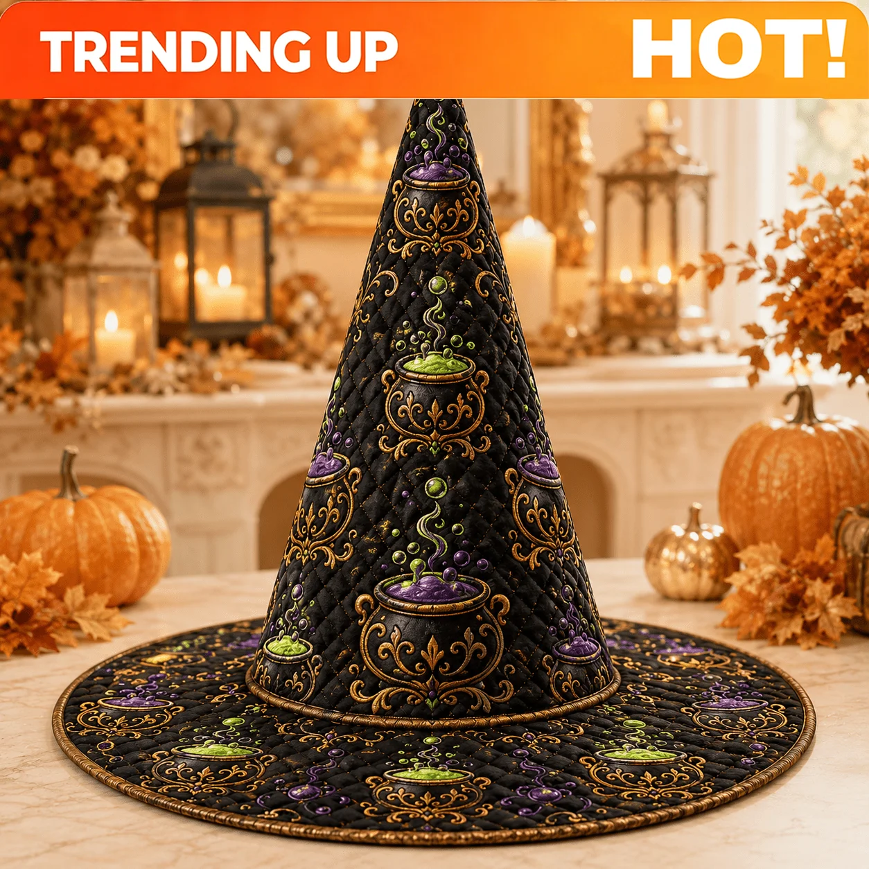 Customization Halloween Witch Hat For Women, Magical Cauldron Pattern With Green And Purple Potion Details, Distinctive Witch Ha