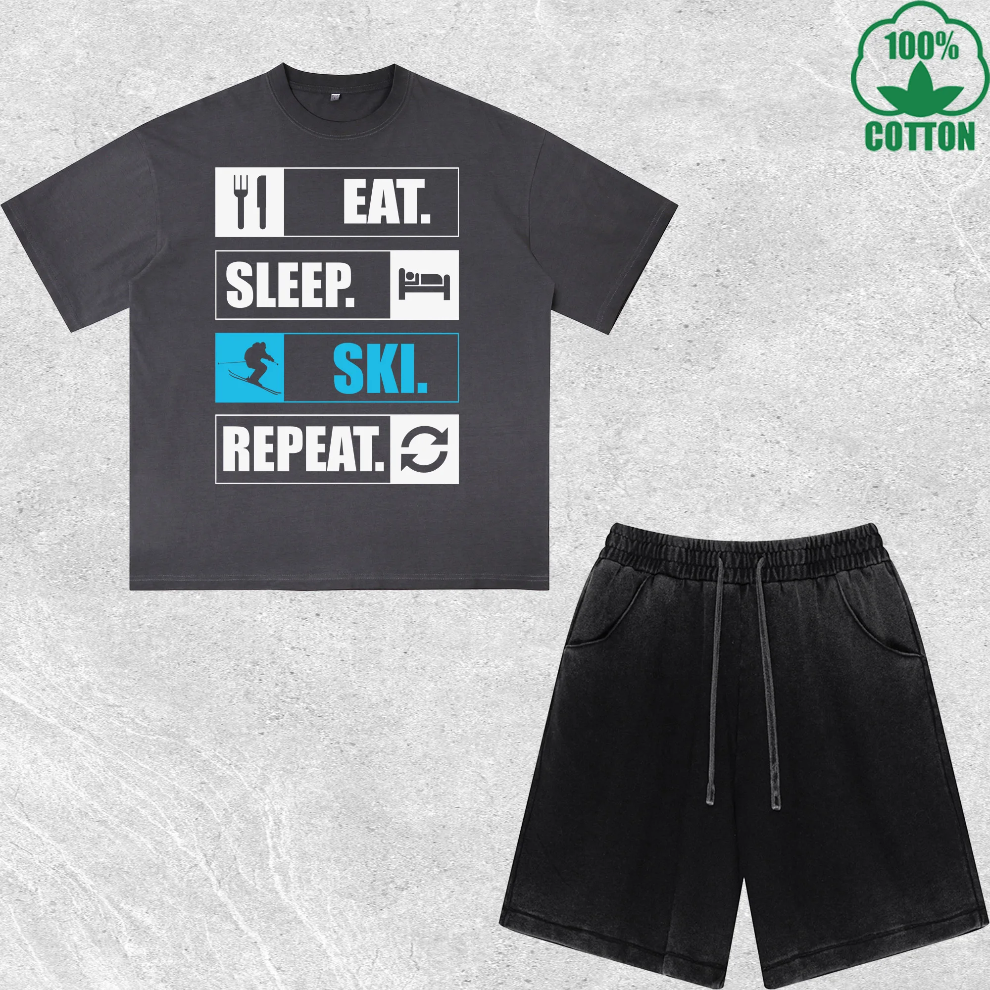 

Eat Ski Repeat Printed Dirty Wash T-Shirt Shorts Set Multicolor Combo Loose Trendy Fashionable 100%Cotton